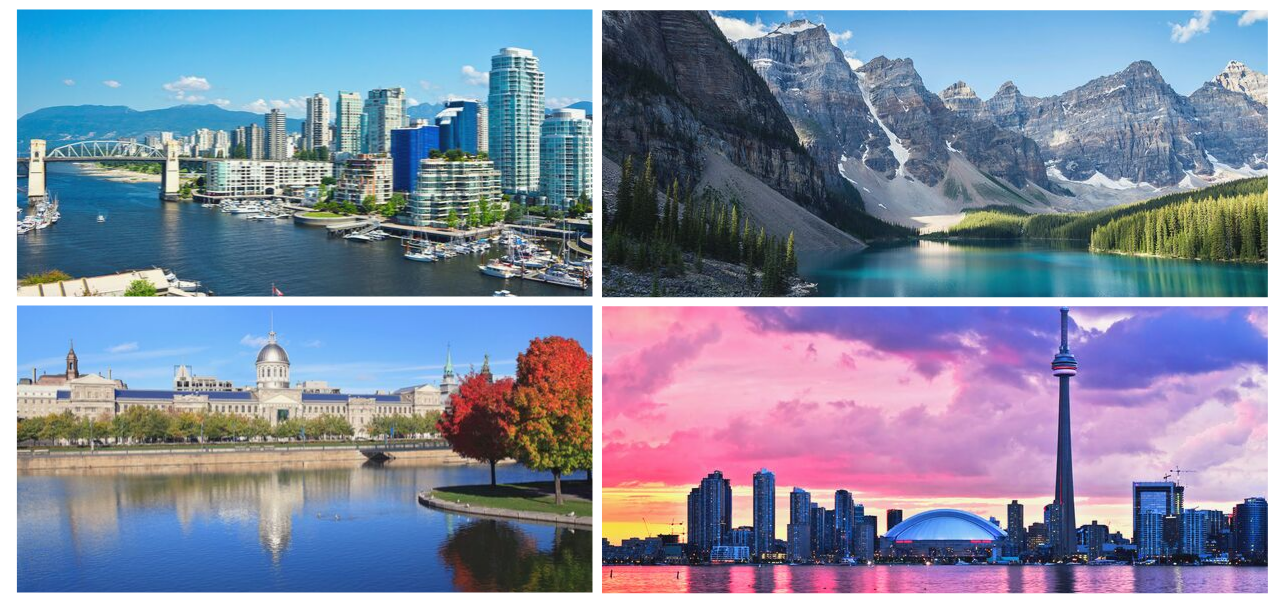 fotografía de las 4 provincias más importantes de Canadá: British Columbia, Alberta, Ontario y Quebec