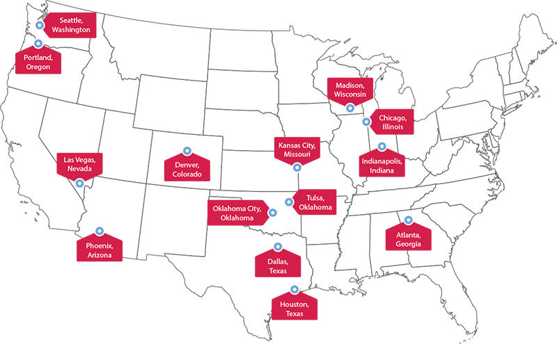 Mapa de áreas metropolitanas que puedes elegir para estudiar un curso en USA