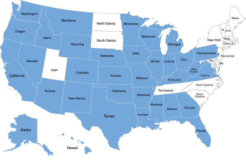 Mapa de estados en los que puedes estudiar un curso de año académico en USA